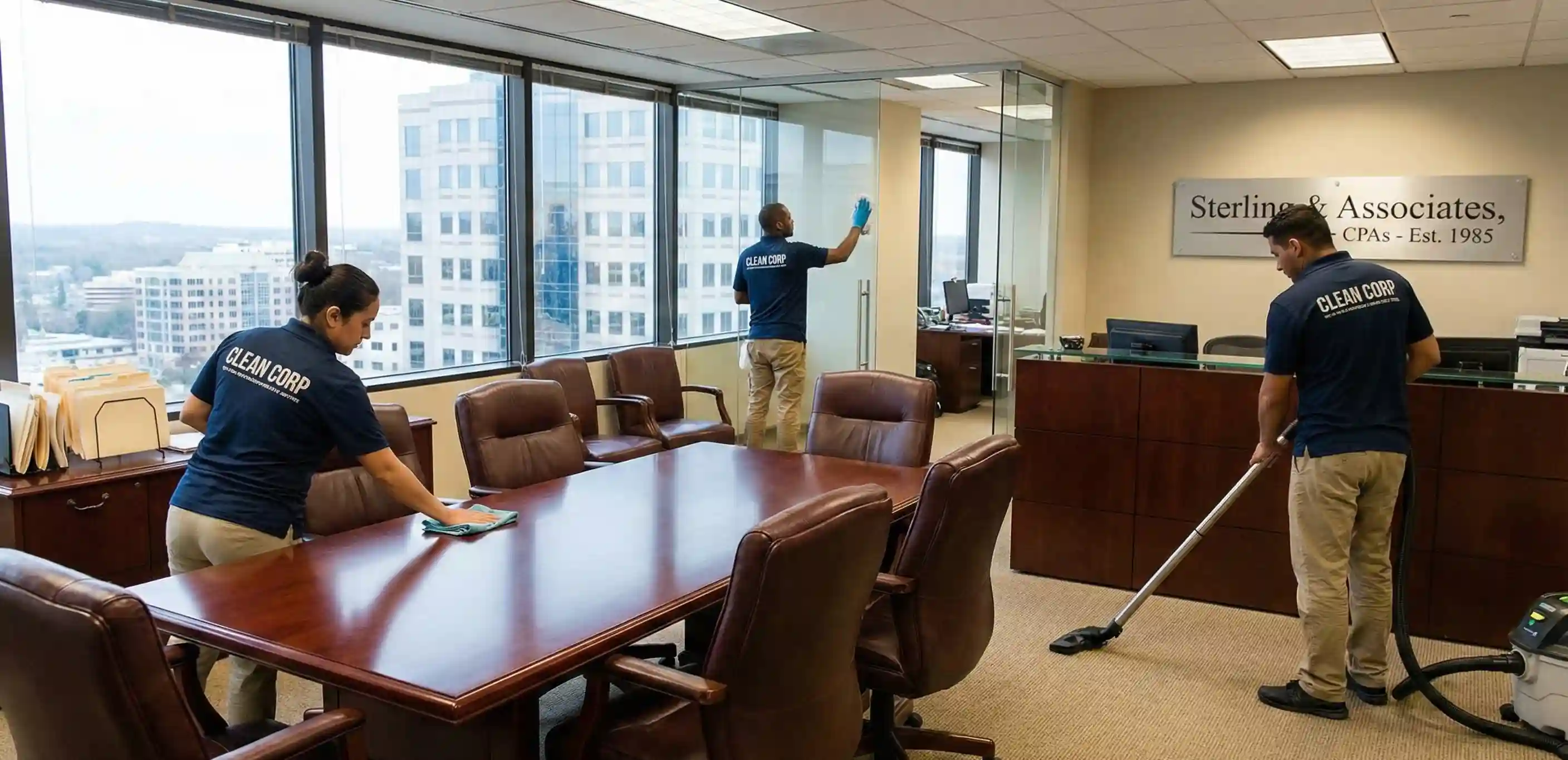 Professional accounting firm office maintained with regular cleaning schedule