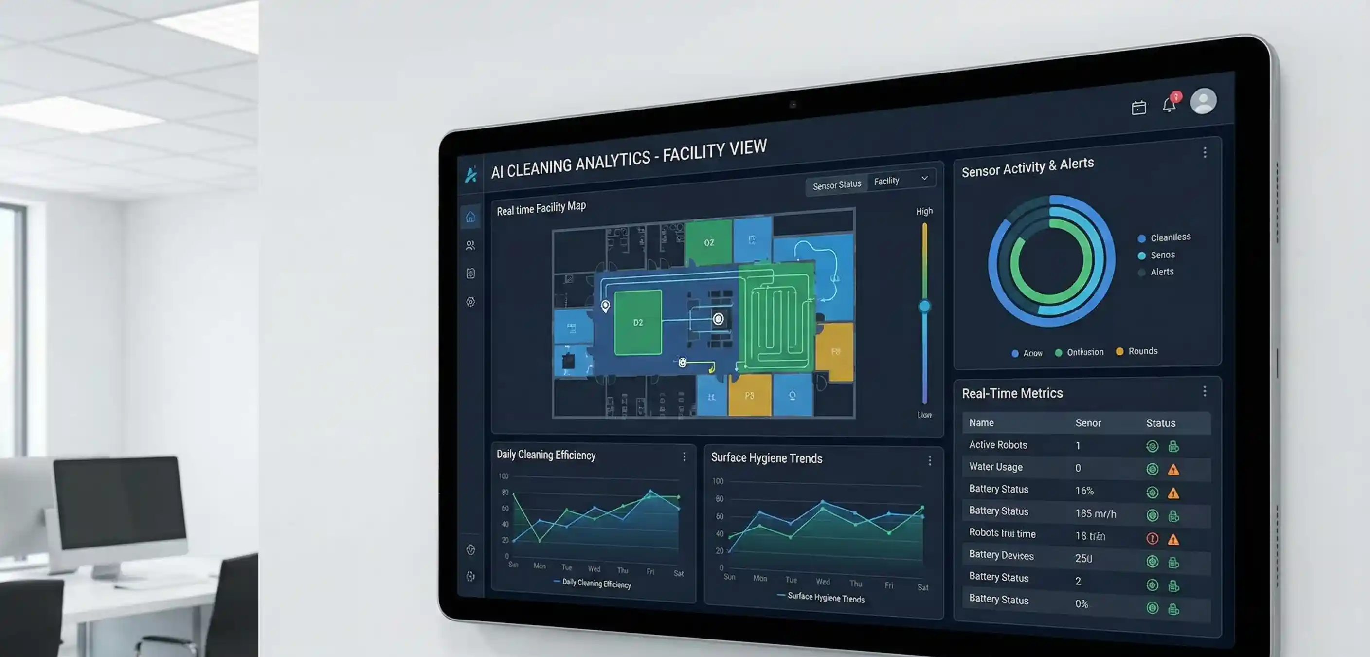 AI-powered cleaning analytics dashboard showing real-time facility monitoring and cleaning optimization metrics
