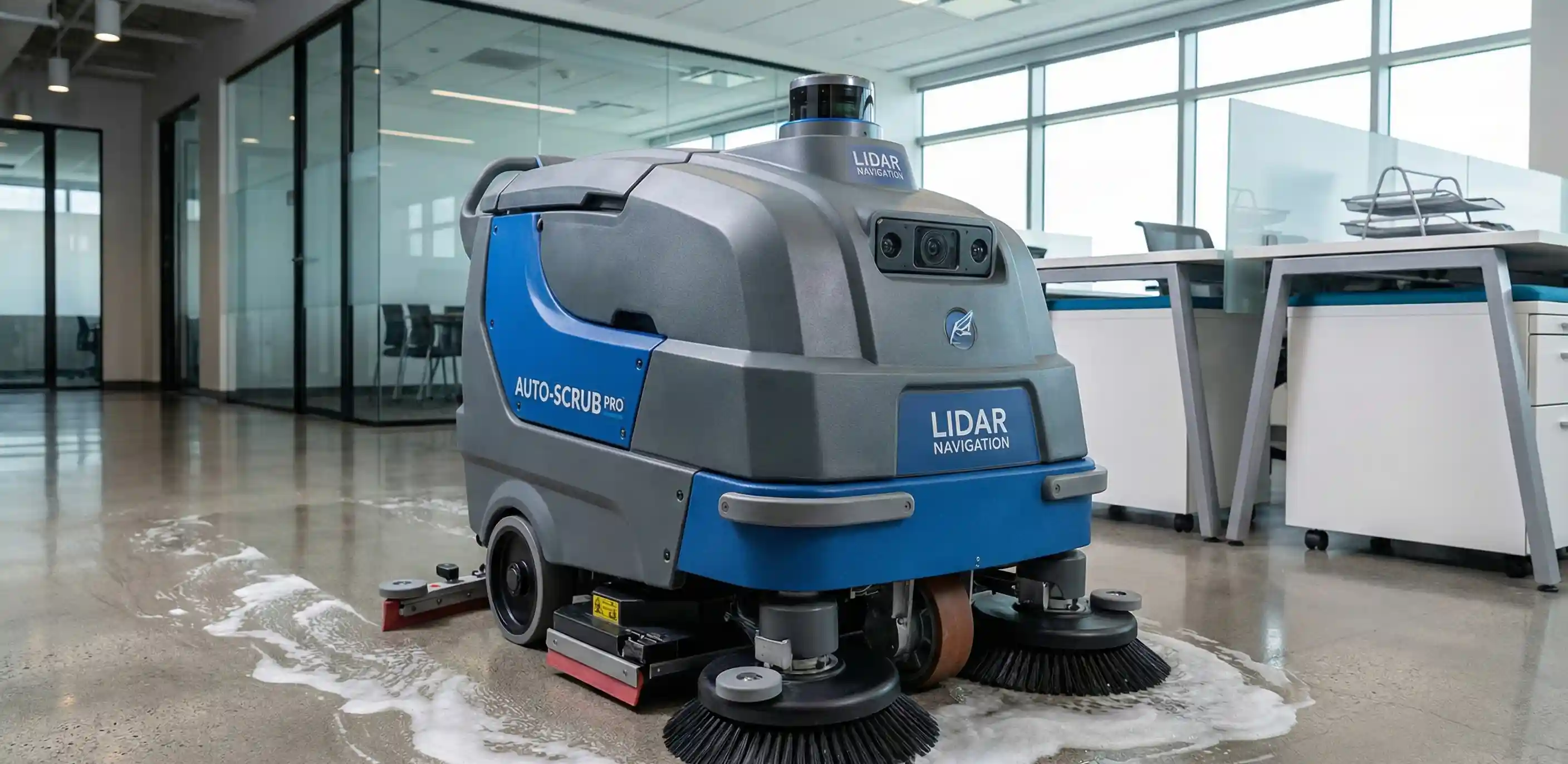 Industrial autonomous floor scrubber robot cleaning commercial office space with advanced navigation technology