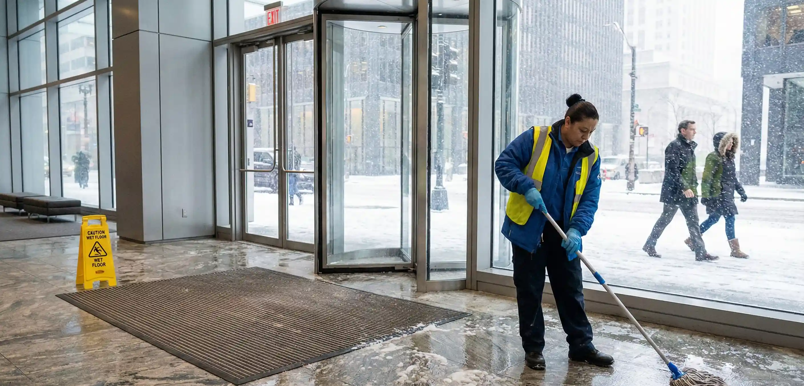 Boston office entrance in winter requiring extra cleaning due to salt and snow