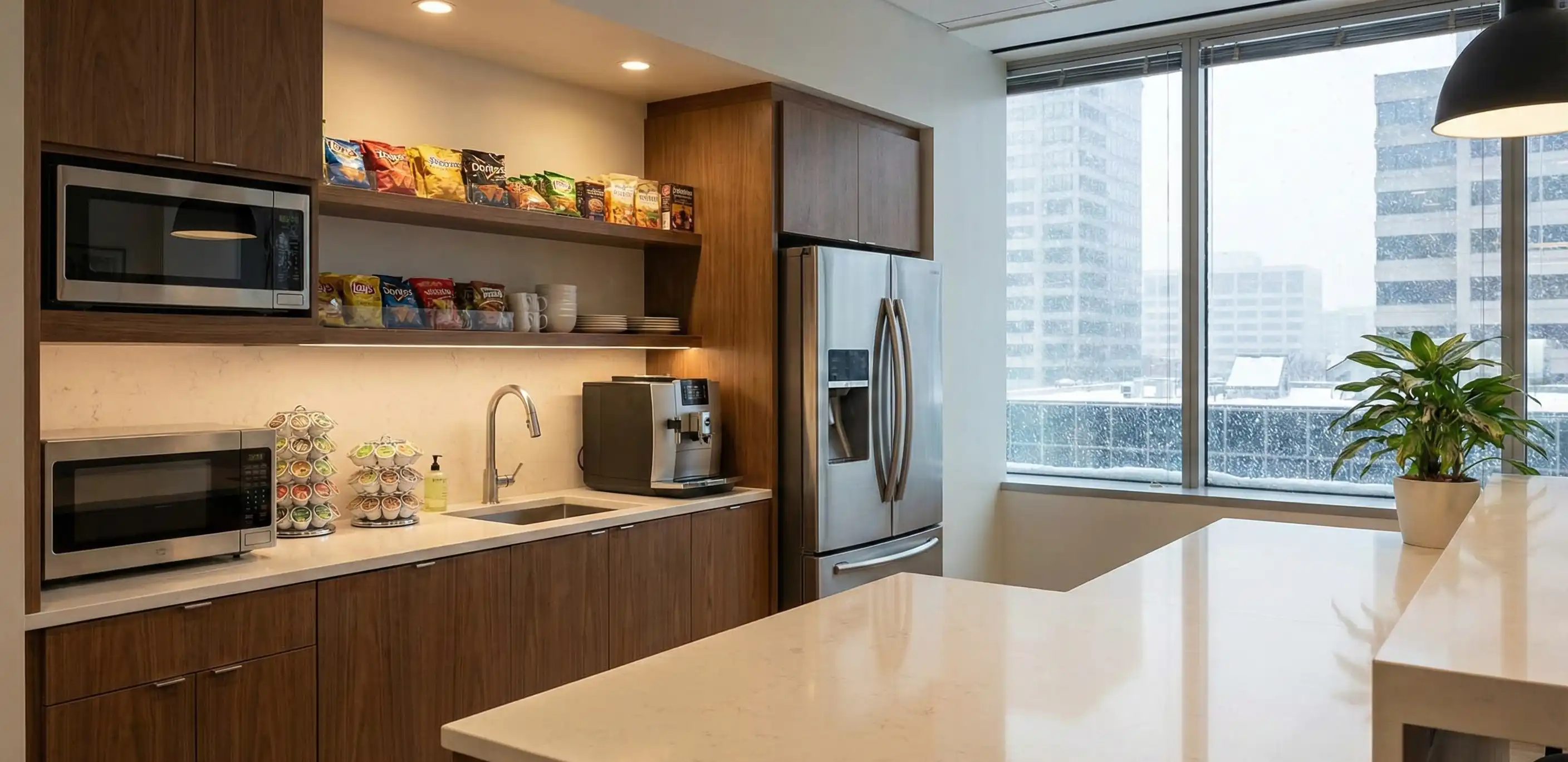 Spotlessly clean office break room and kitchen ready for winter with sanitized appliances