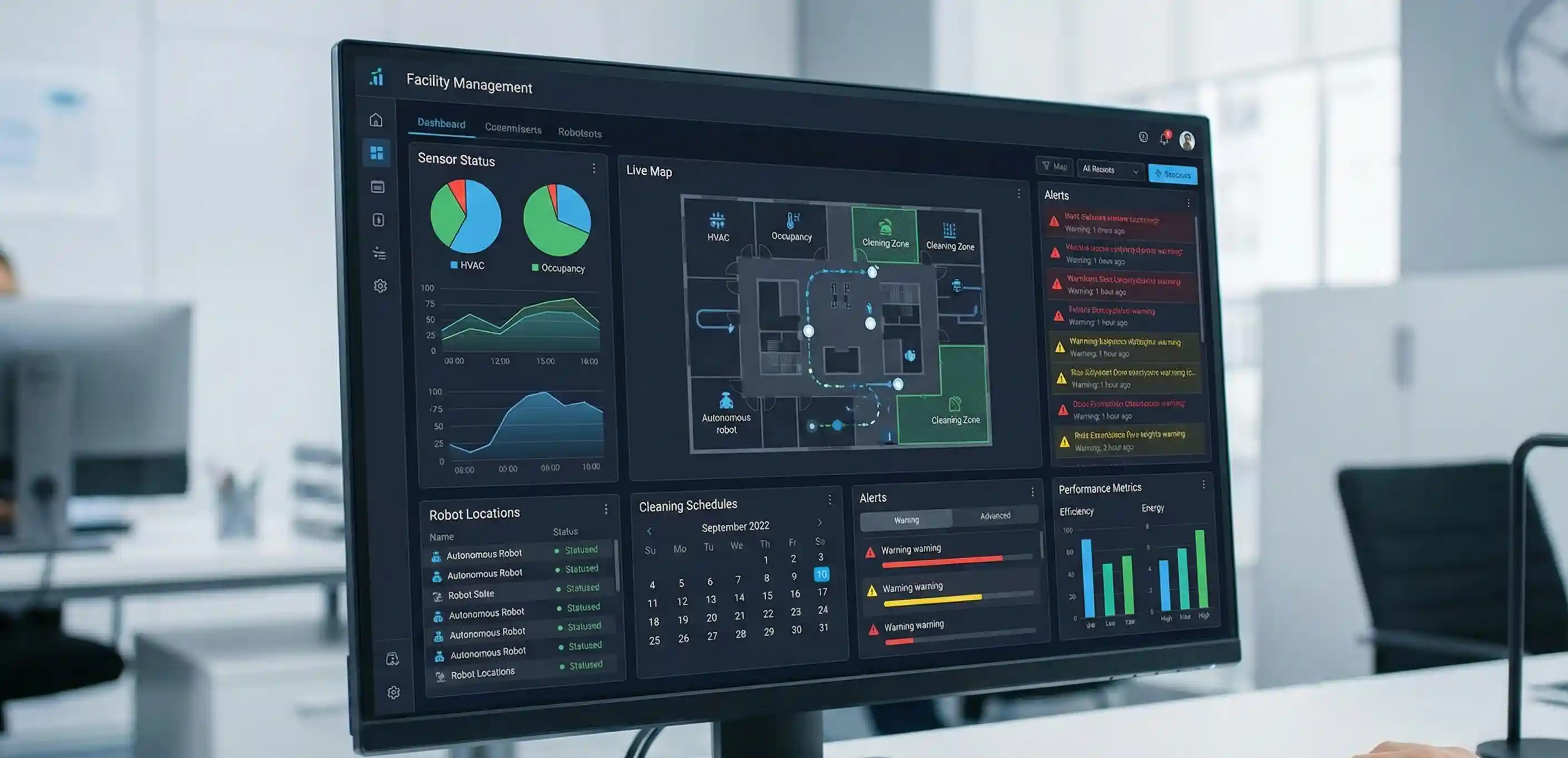 Real-time facility cleaning management dashboard showing IoT sensor data, robot status, and cleaning metrics