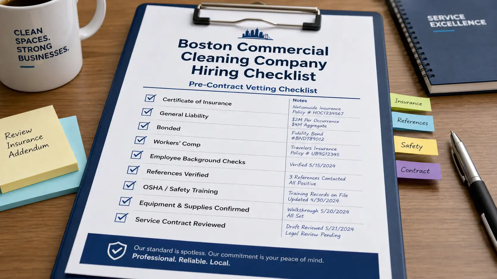 Printed vendor vetting checklist on a clipboard used to evaluate a Boston commercial cleaning company before signing a contract
