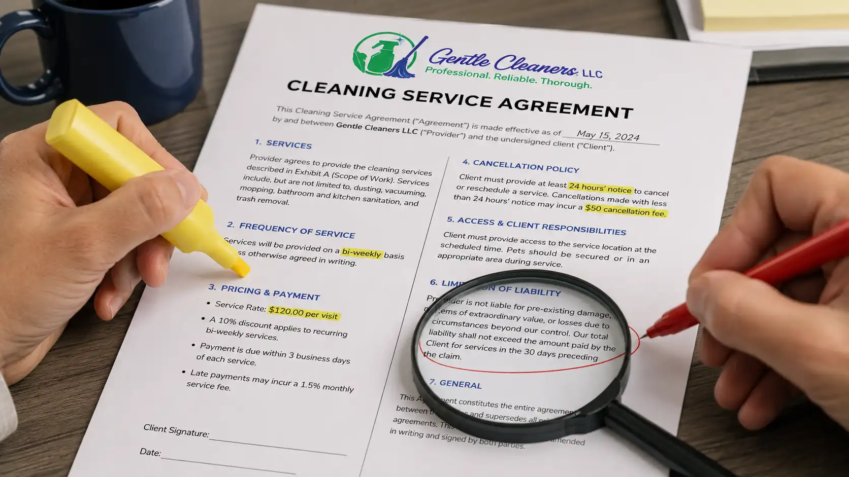 Business owner reviewing the fine print of a commercial cleaning contract to identify hidden fees and add-on charges