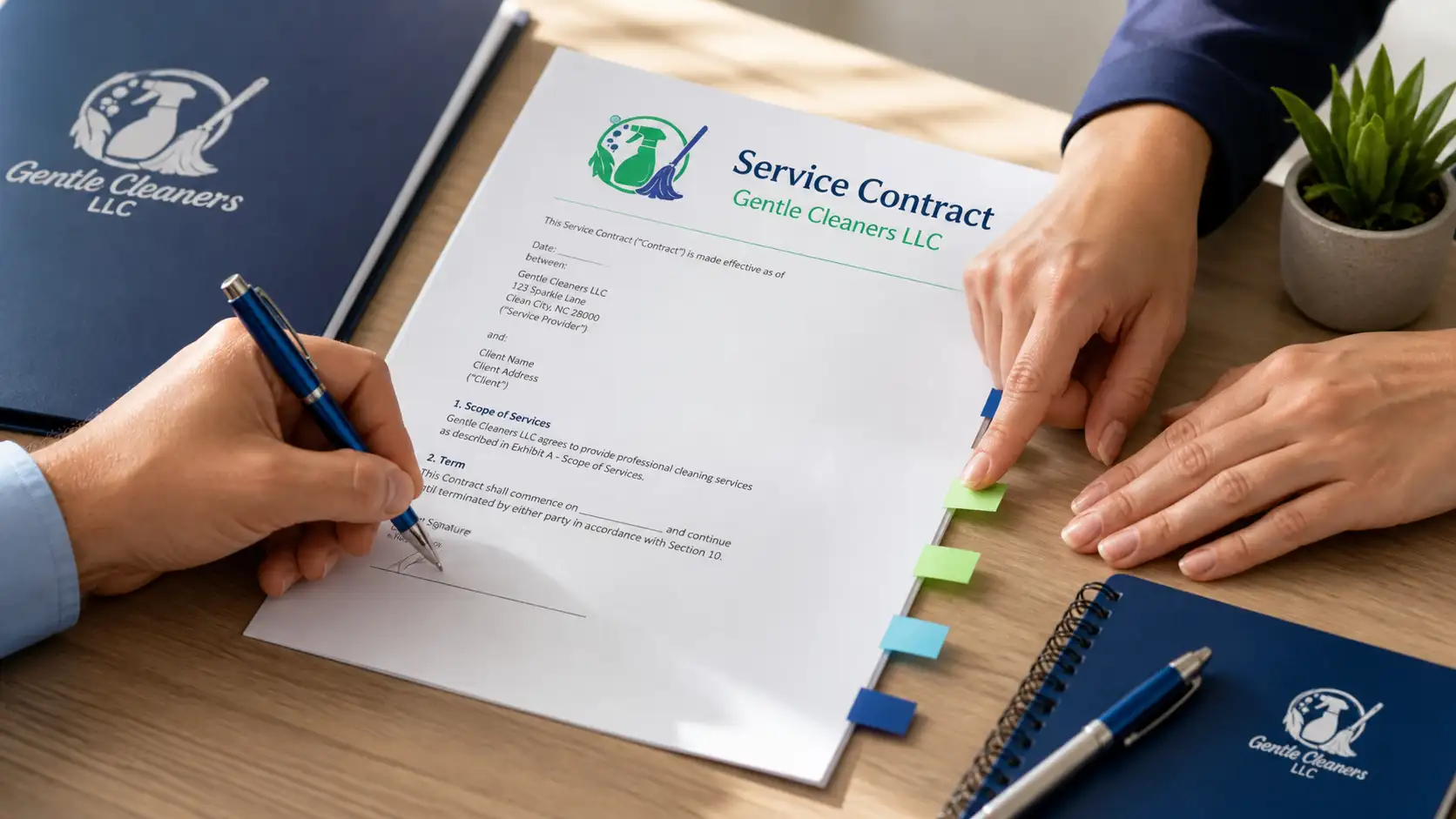 Two people reviewing a commercial cleaning service contract on a desk before signing