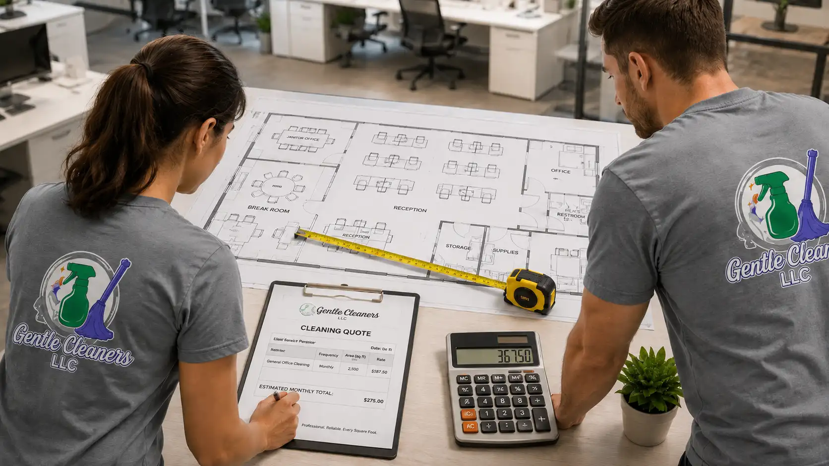 Floor plan and calculator showing commercial cleaning cost per square foot calculation for a Boston office