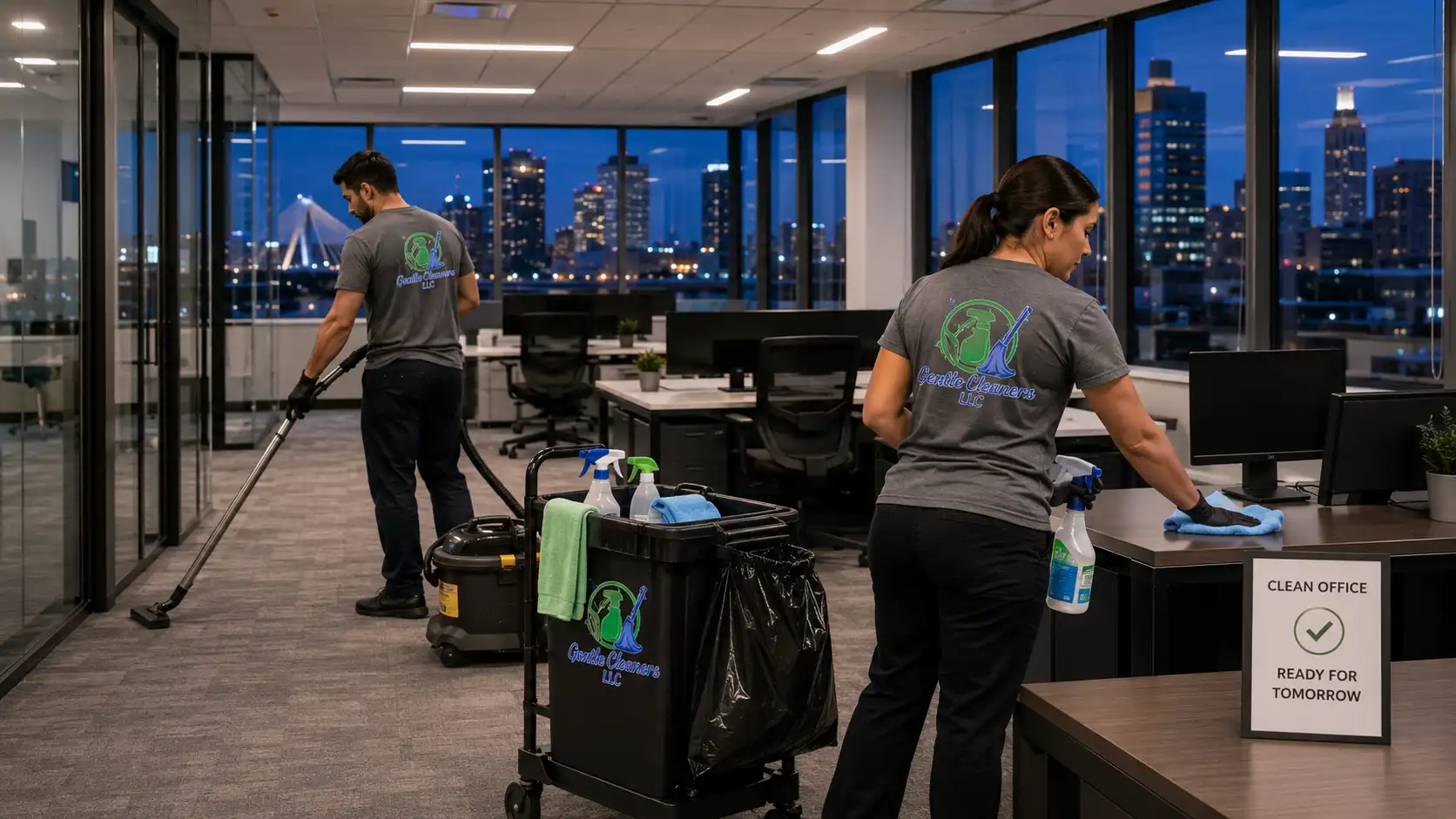 Two-person commercial cleaning crew servicing a Boston office building after business hours
