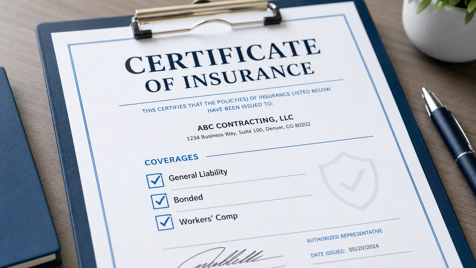 Certificate of insurance and bonding paperwork for a Boston commercial cleaning company