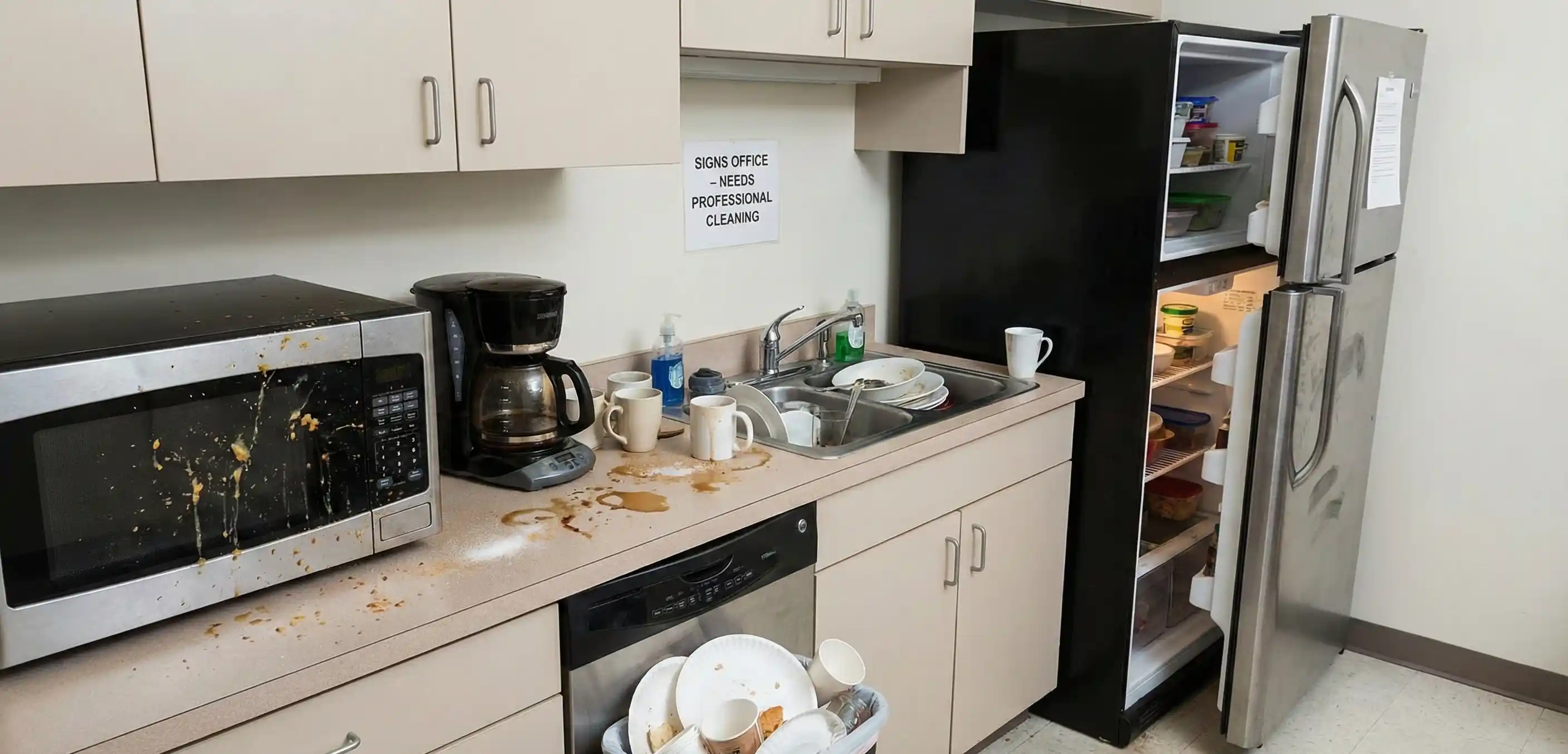 Dirty office break room kitchen needing professional cleaning