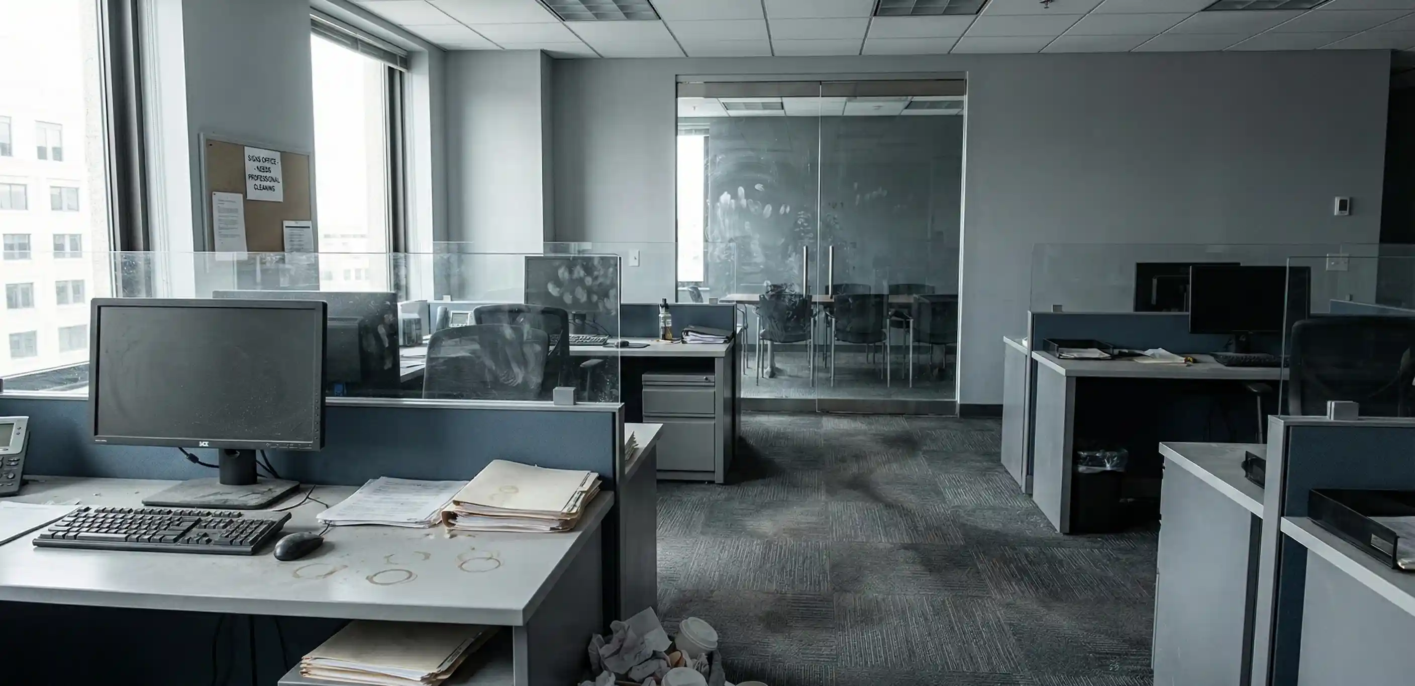 Office showing multiple warning signs that professional cleaning is needed