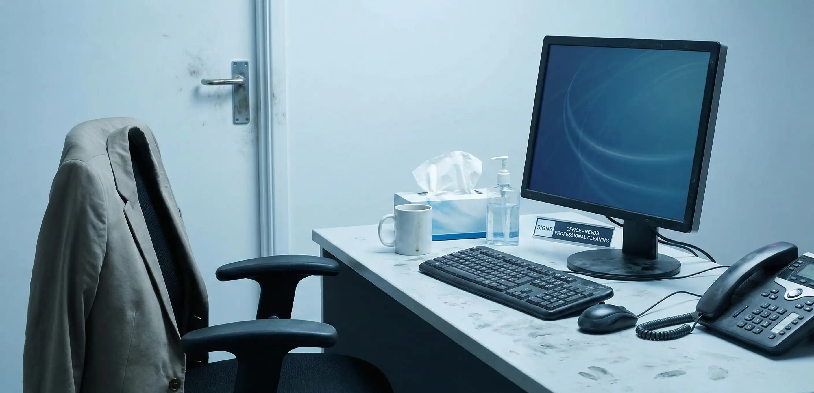 Employee staying home sick due to germs spread in poorly cleaned office