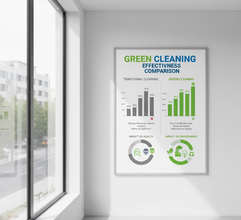 Side-by-side comparison showing eco-friendly green cleaning products are as effective as traditional chemicals