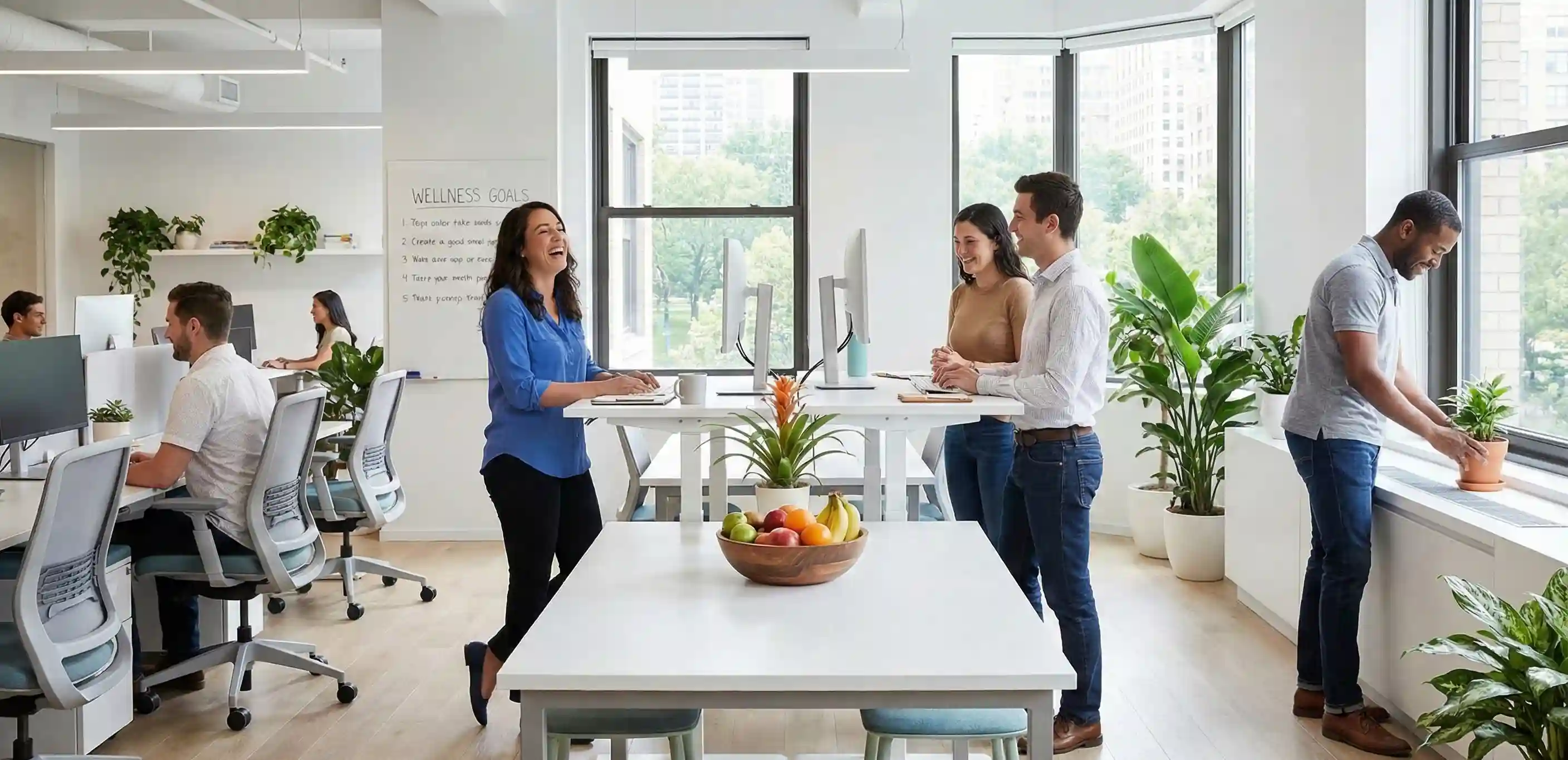 Healthy and productive office environment with happy employees working in clean space