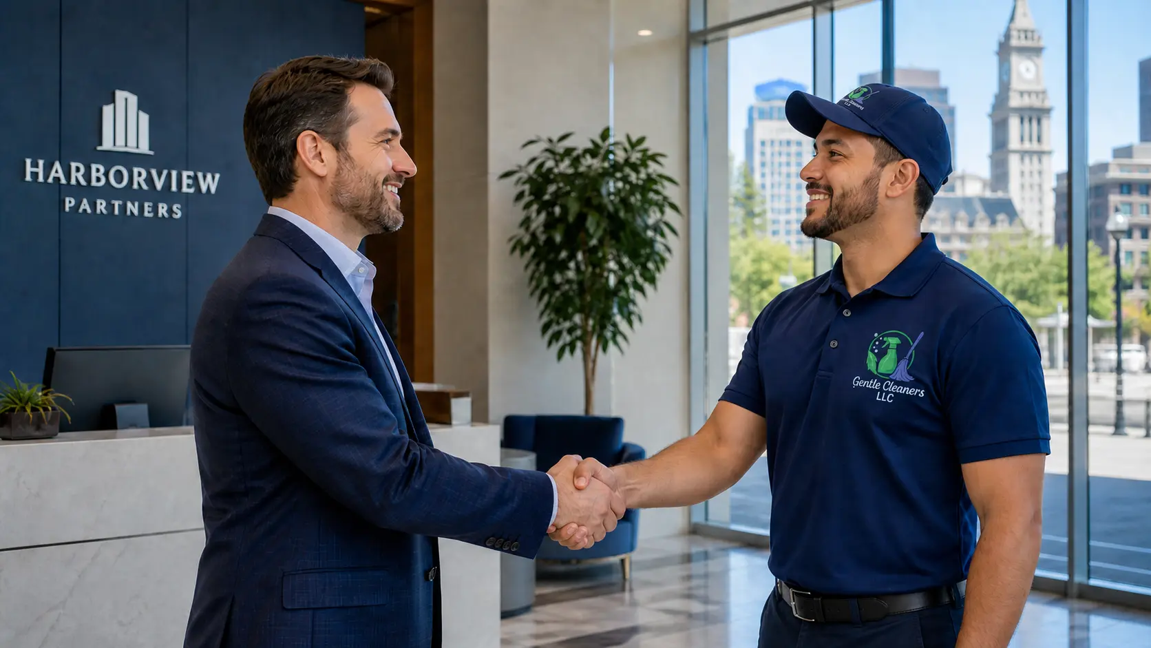 Boston business owner shaking hands with a uniformed commercial cleaner after reviewing a service agreement