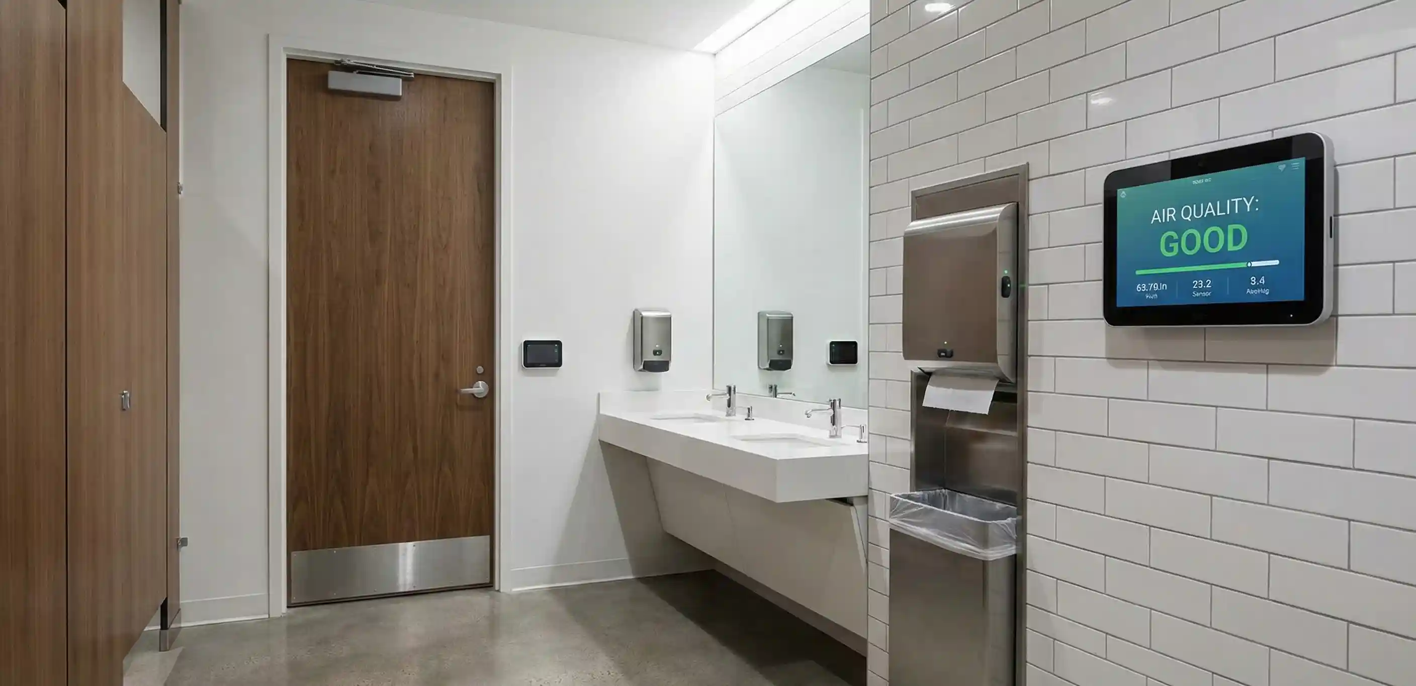 IoT sensor system monitoring restroom supply levels and usage patterns in commercial office building