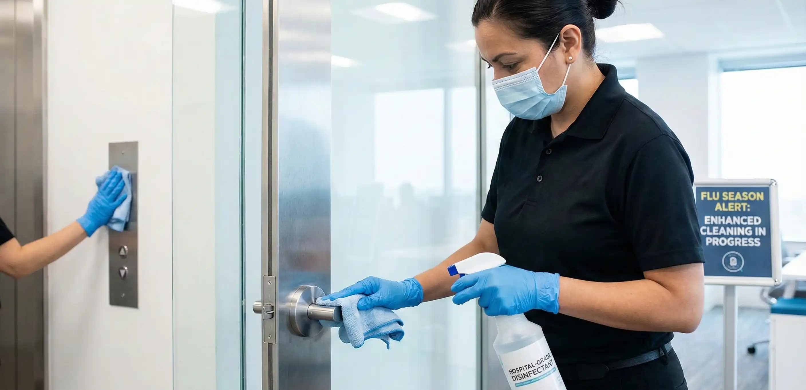 Professional disinfection of office door handles and high-touch surfaces during flu season