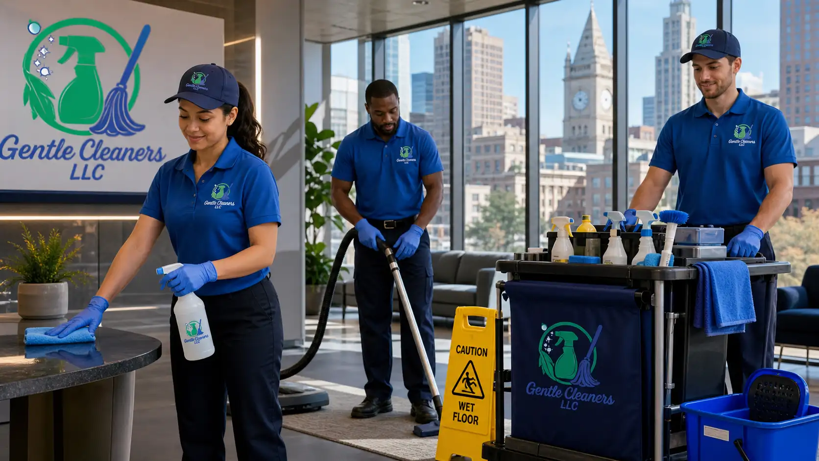 Professional commercial cleaning team in branded uniforms servicing a Boston office building