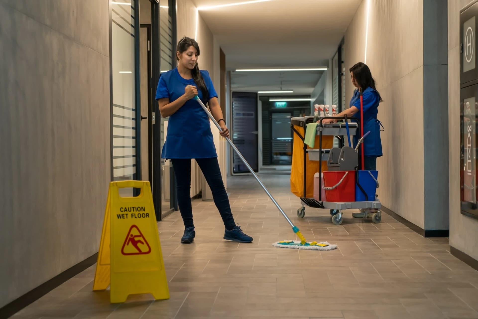Professional commercial cleaning team using scientific cleaning methods in Boston office