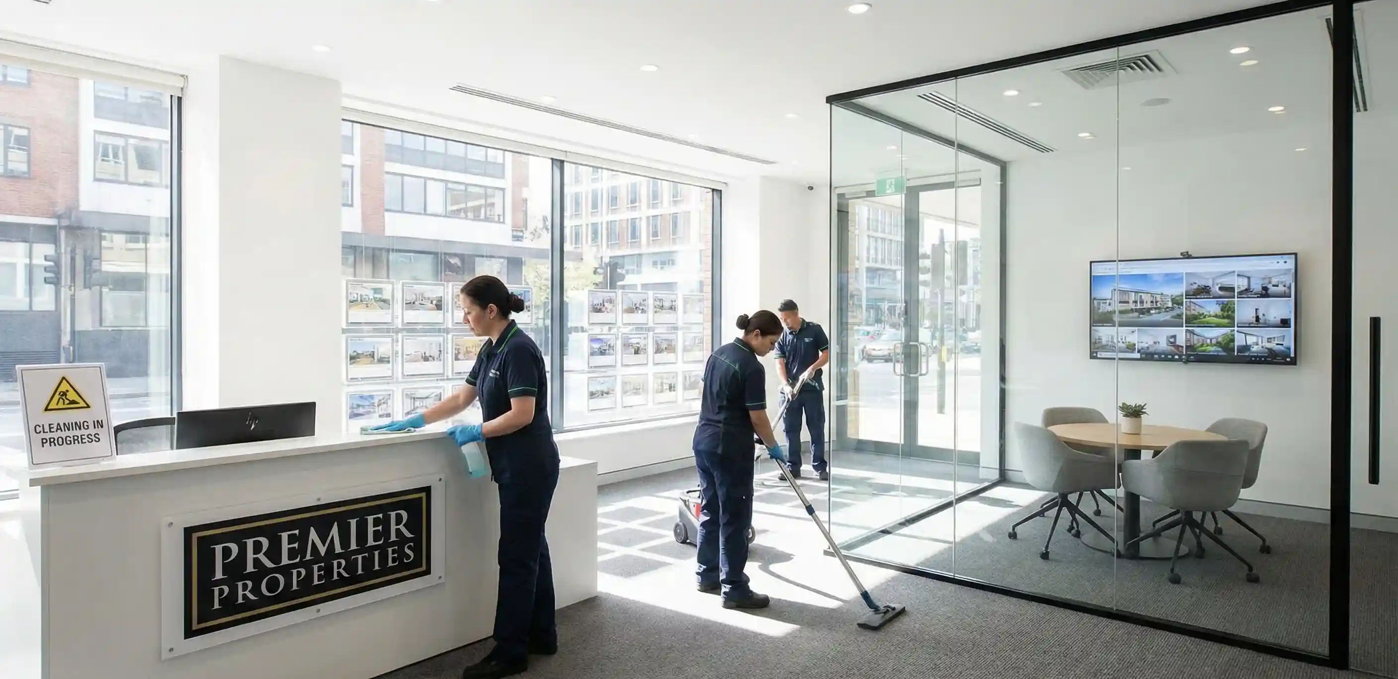 Clean real estate office with meeting area ready for clients