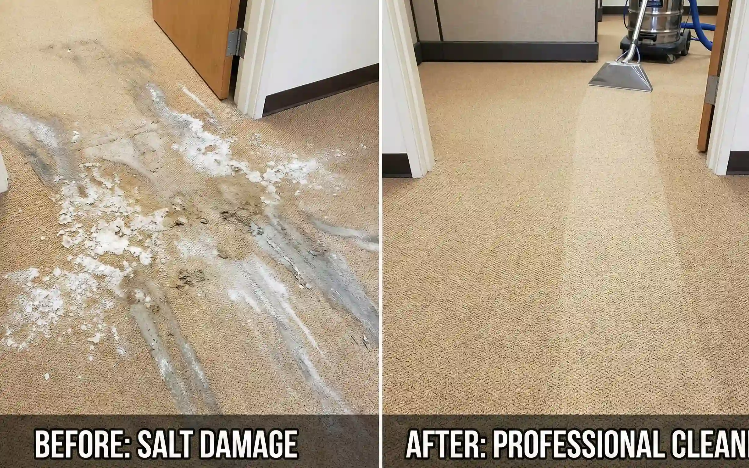 Before and after comparison showing salt-stained office carpet restored by professional cleaning