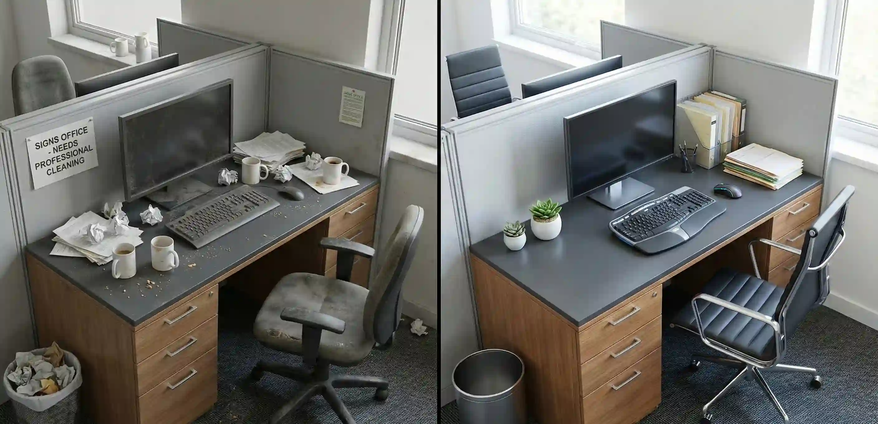 Split comparison showing dirty neglected office versus professionally cleaned workspace