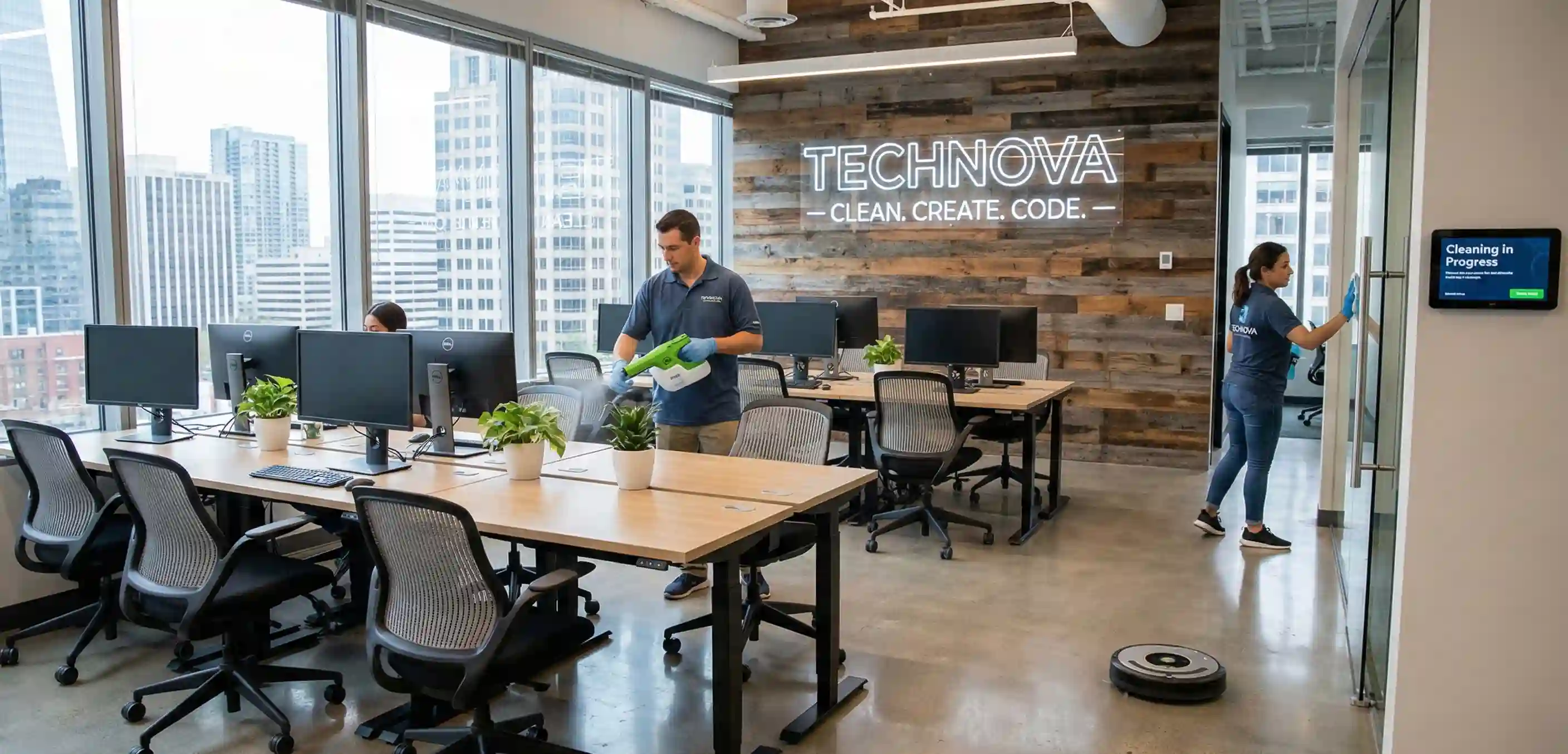 Modern tech startup office with open floor plan requiring daily cleaning