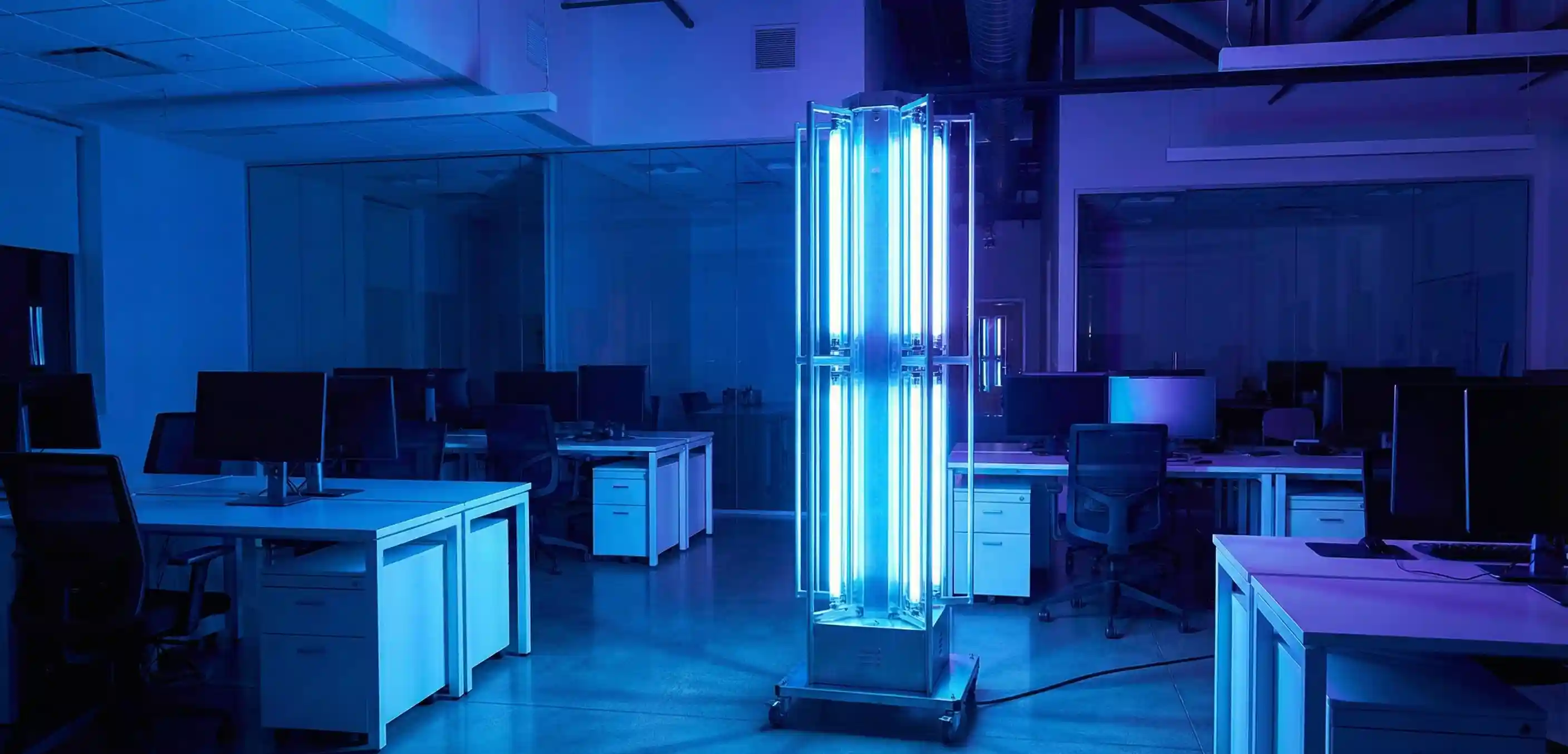 UV-C disinfection system sanitizing office workspace surfaces with germicidal ultraviolet light technology