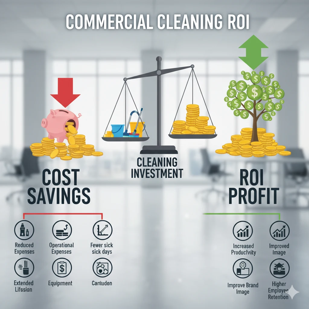 Boston business owner reviewing a commercial cleaning quote and contract on a desk with calculator and floor plan