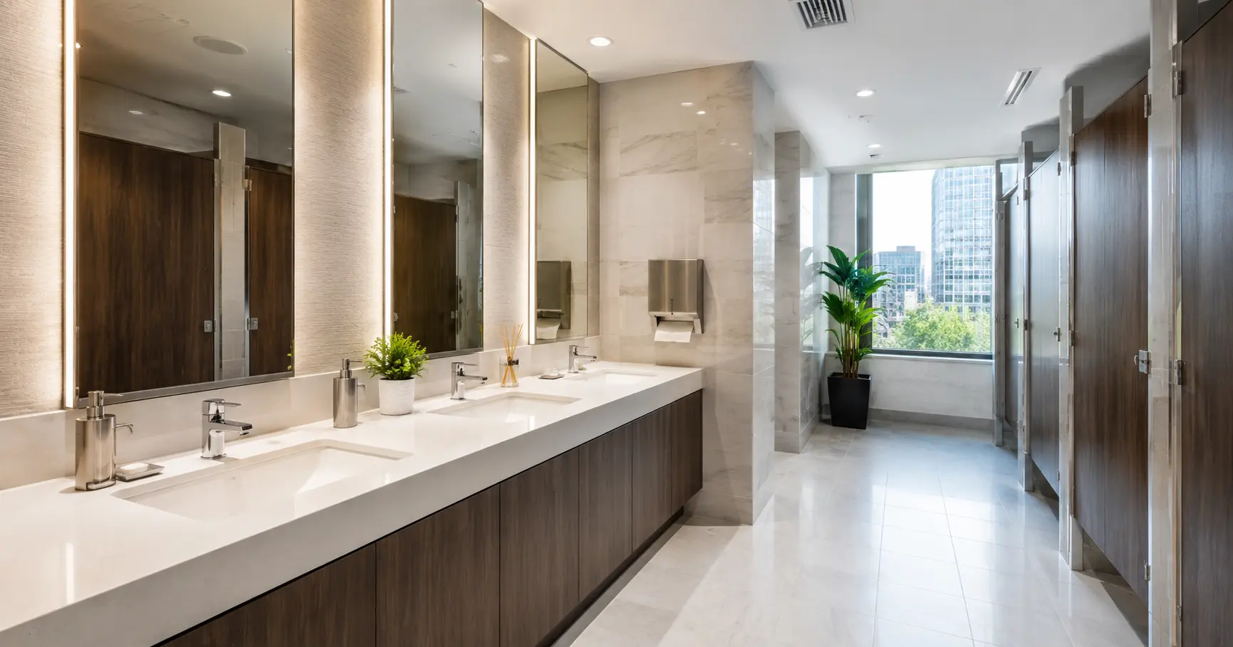 Spotless, professionally cleaned commercial office restroom in Boston with clean sinks, polished mirrors, and a fresh tiled floor