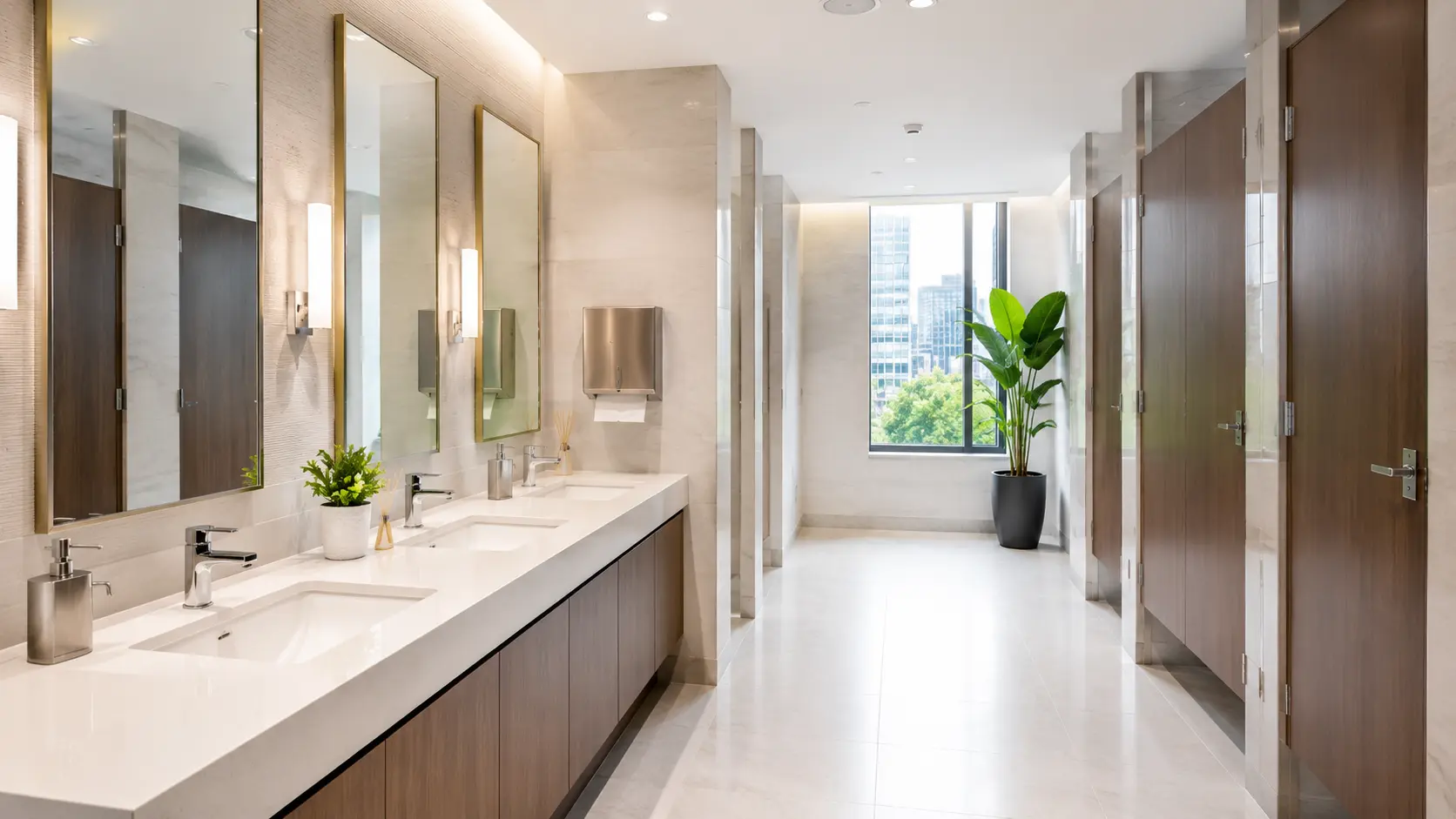 Bright, immaculate commercial office restroom with spotless mirrors, clean sinks, and stocked dispensers in a Boston workplace