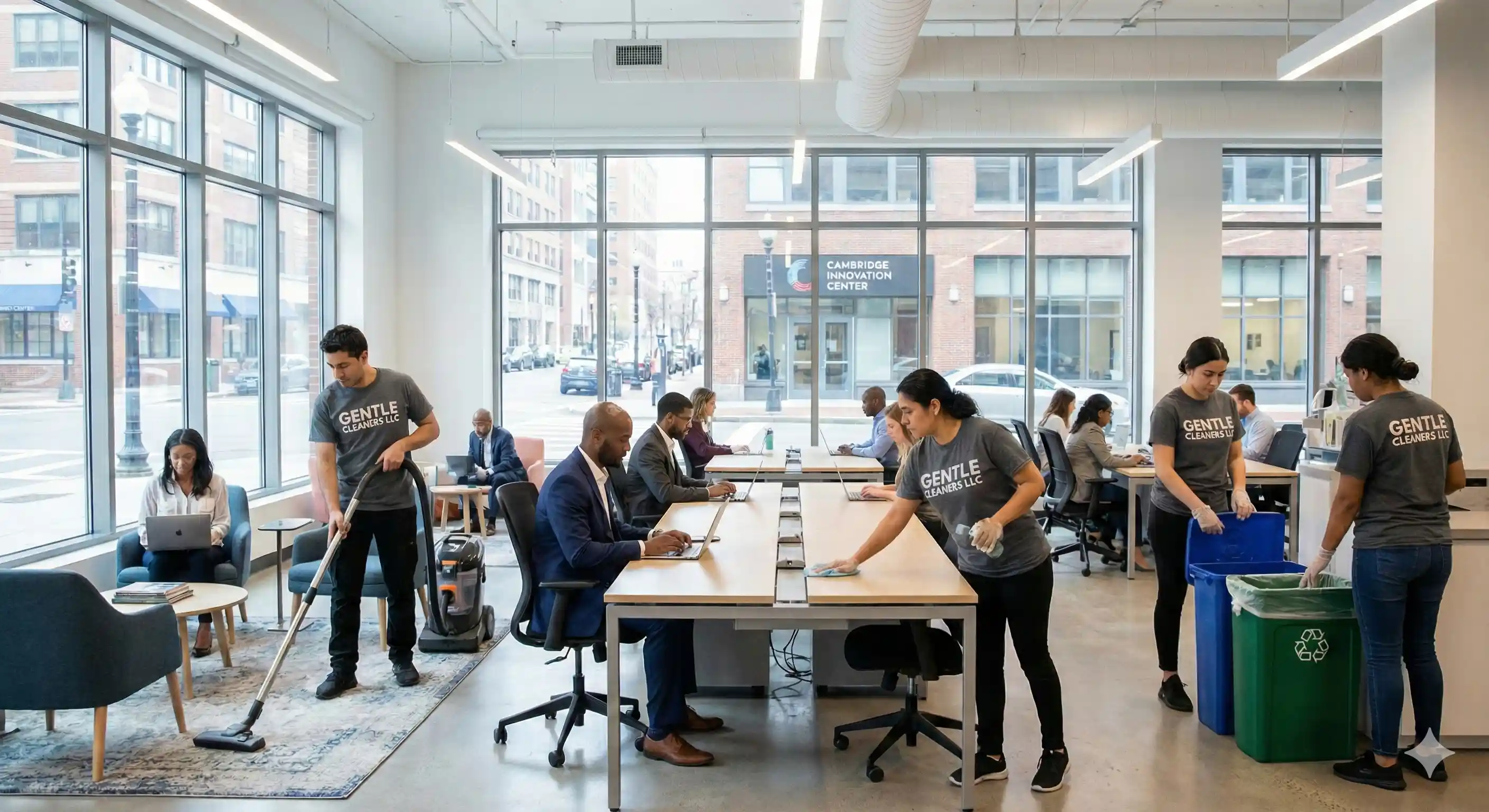 Gentle Cleaners professional cleaning team sanitizing modern coworking space with hot desks and shared workstations in Boston