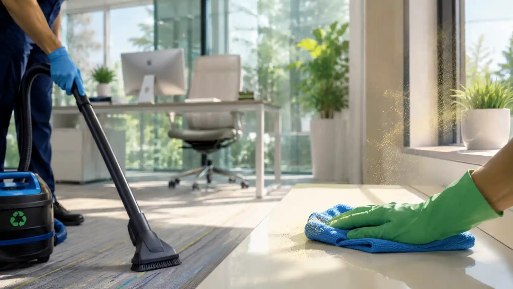 Professional using a HEPA vacuum and microfiber cloth to remove summer pollen and allergens from an office