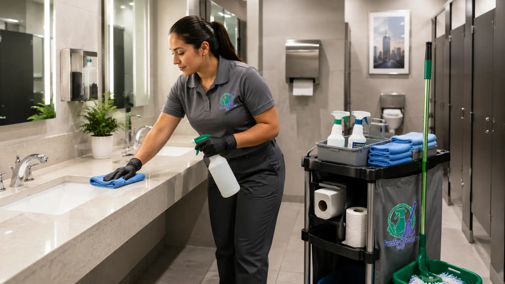 Professional commercial cleaning team servicing and disinfecting an office restroom in Boston with proper equipment and supplies
