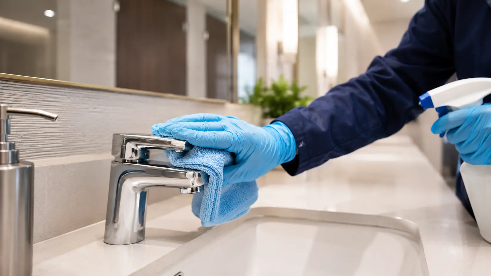 Professional cleaner disinfecting a high-touch restroom surface such as a faucet handle and stall latch with a microfiber cloth