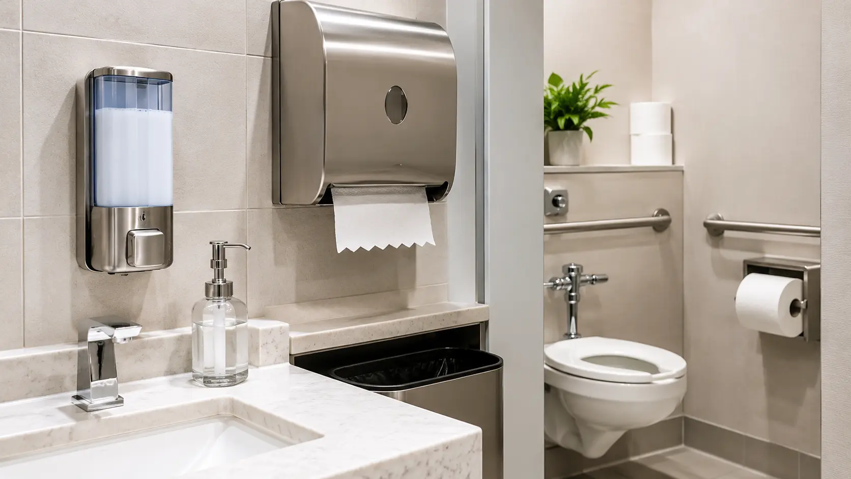 Fully stocked office restroom with full soap dispenser, paper towels, and toilet paper in a clean Boston workplace