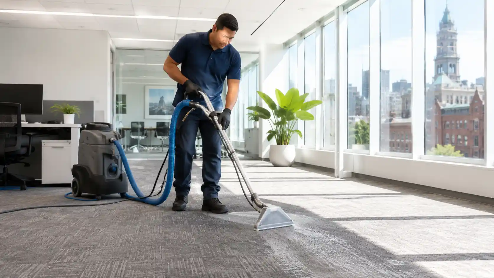 Professional hot-water extraction carpet cleaning in a bright Boston office during summer