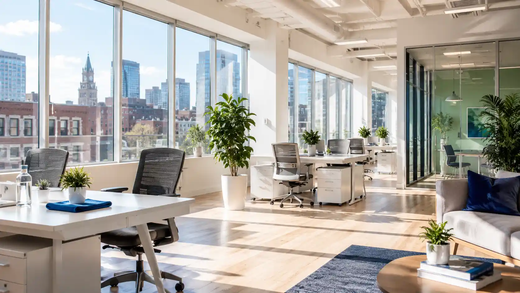 Bright, freshly cleaned Boston office in summer with sunlight streaming through spotless windows