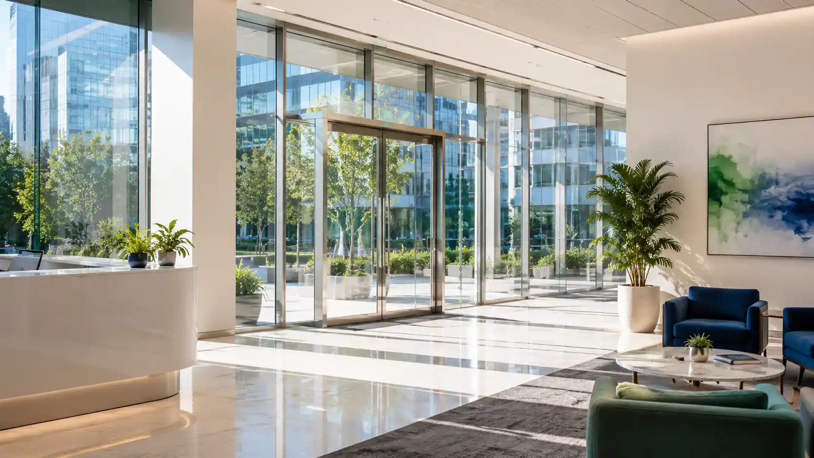 Clean, bright Boston office lobby in summer with sunlight and spotless glass entrance