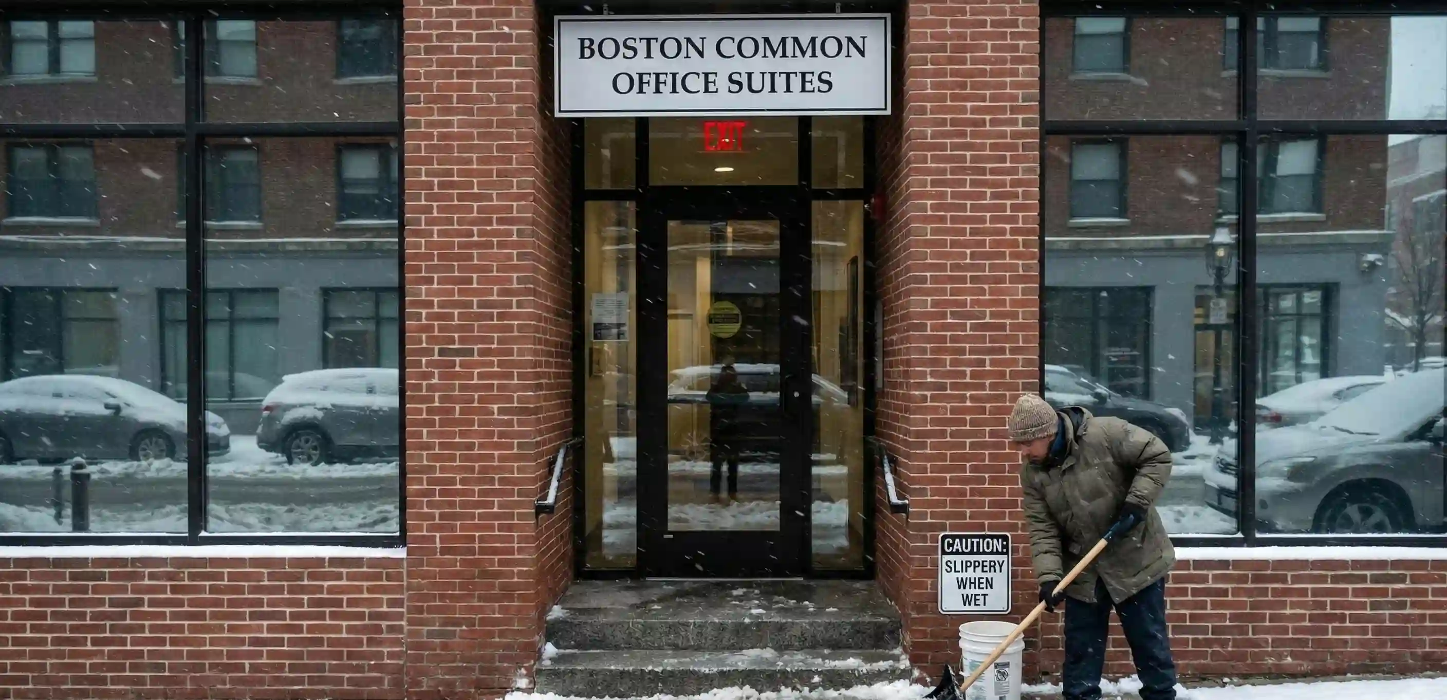 Boston office entrance in winter requiring extra cleaning due to salt and snow