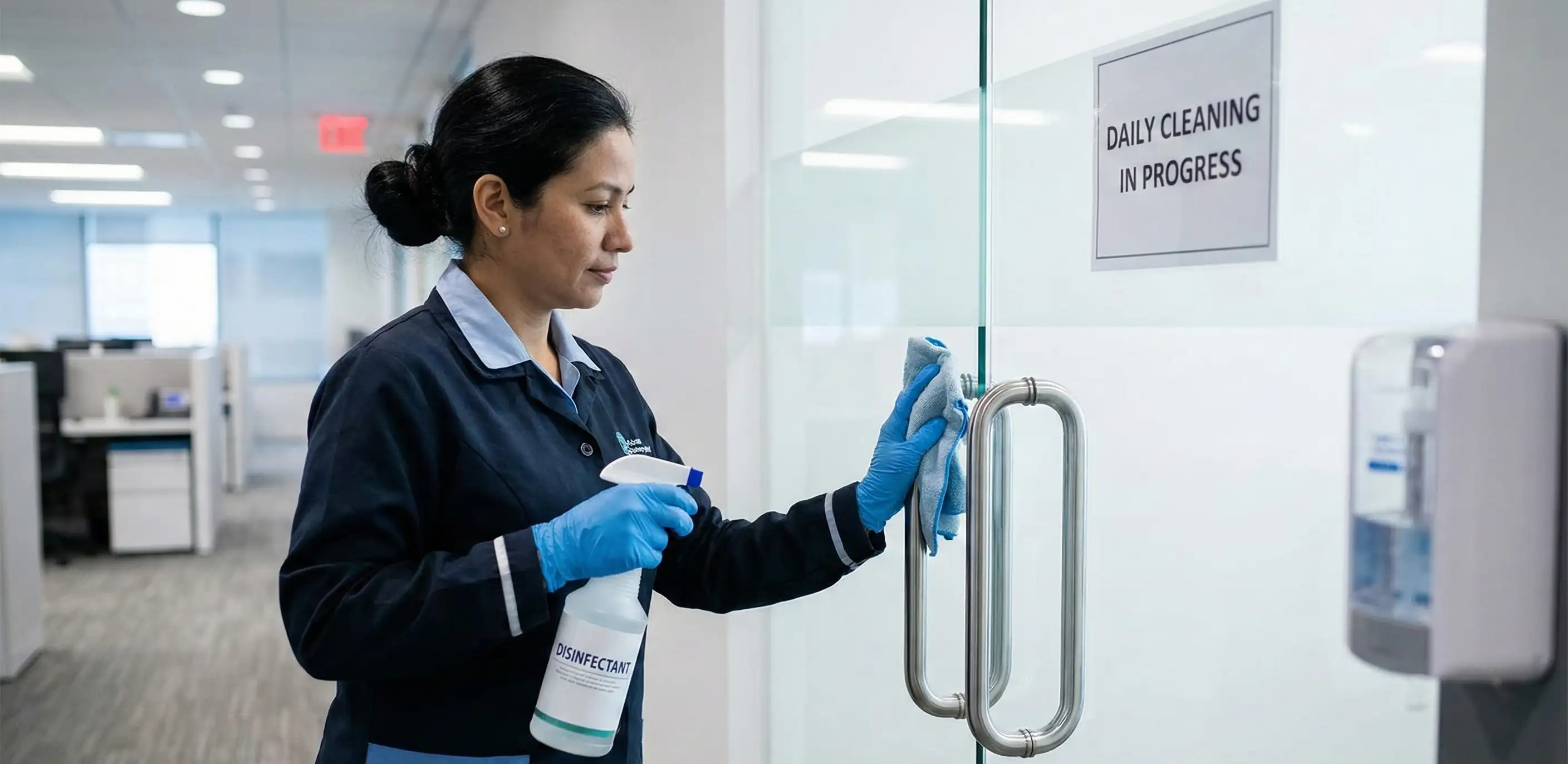 Professional cleaner disinfecting high-touch surfaces like door handles and light switches