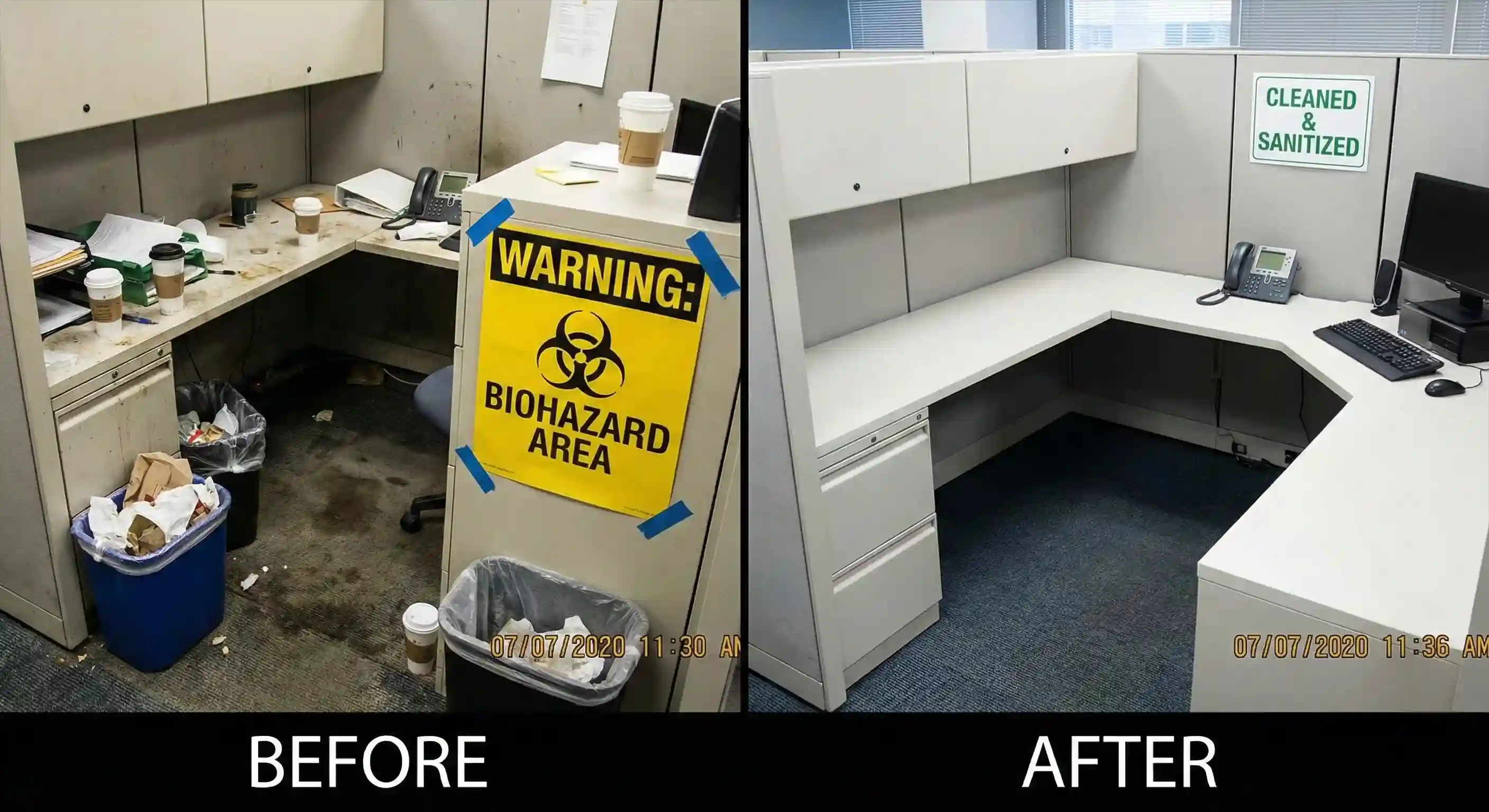 Dirty office showing warning signs of inadequate cleaning frequency