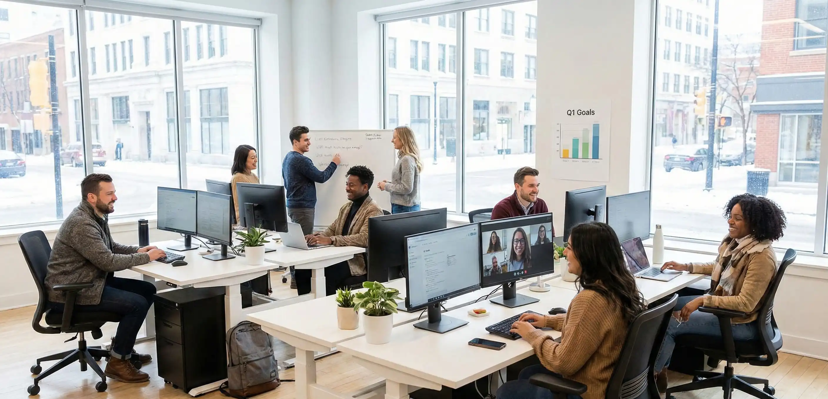 Healthy and productive Boston office environment during winter with happy employees working