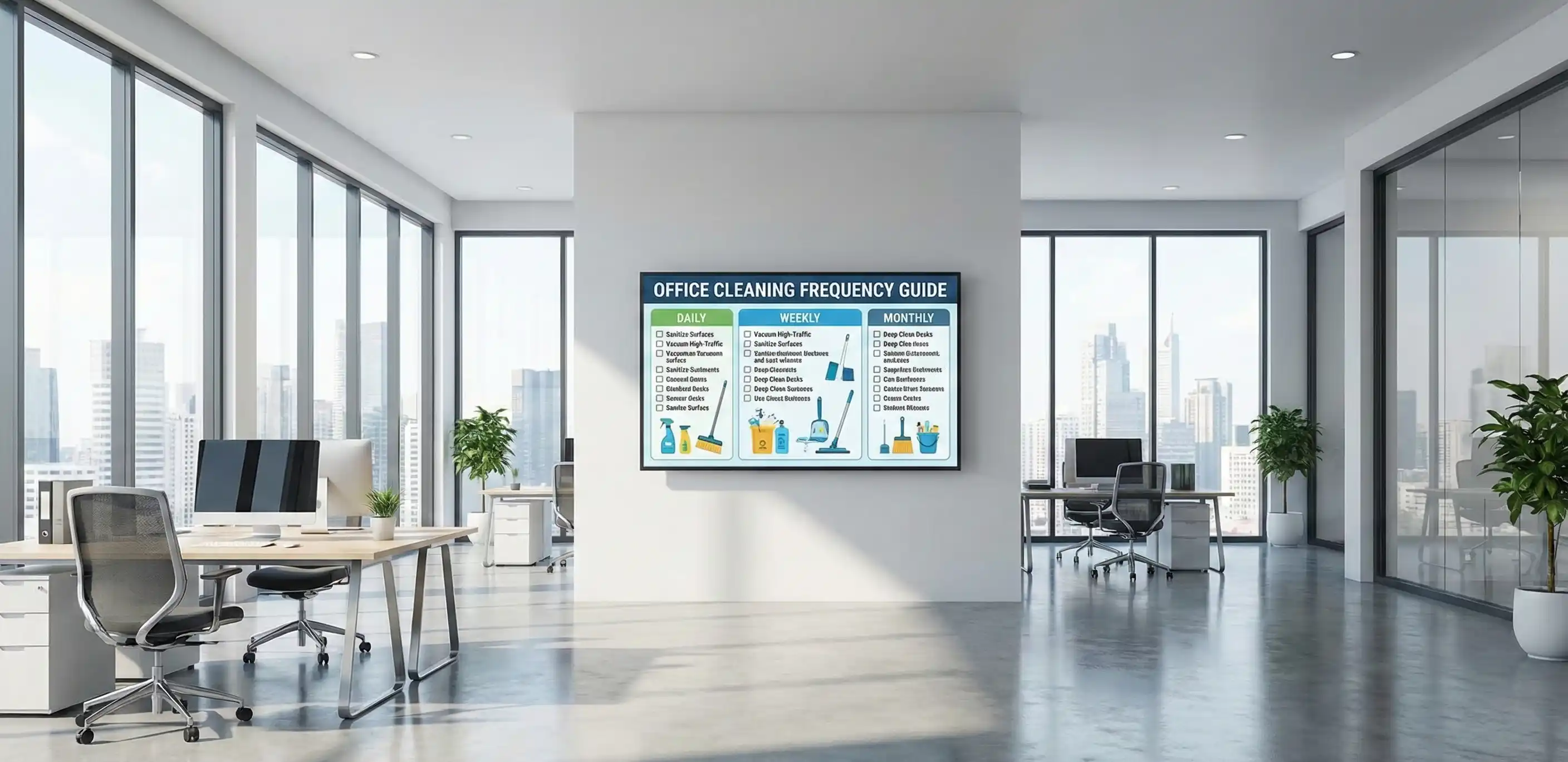 Clean modern office space showing proper cleaning schedule and frequency