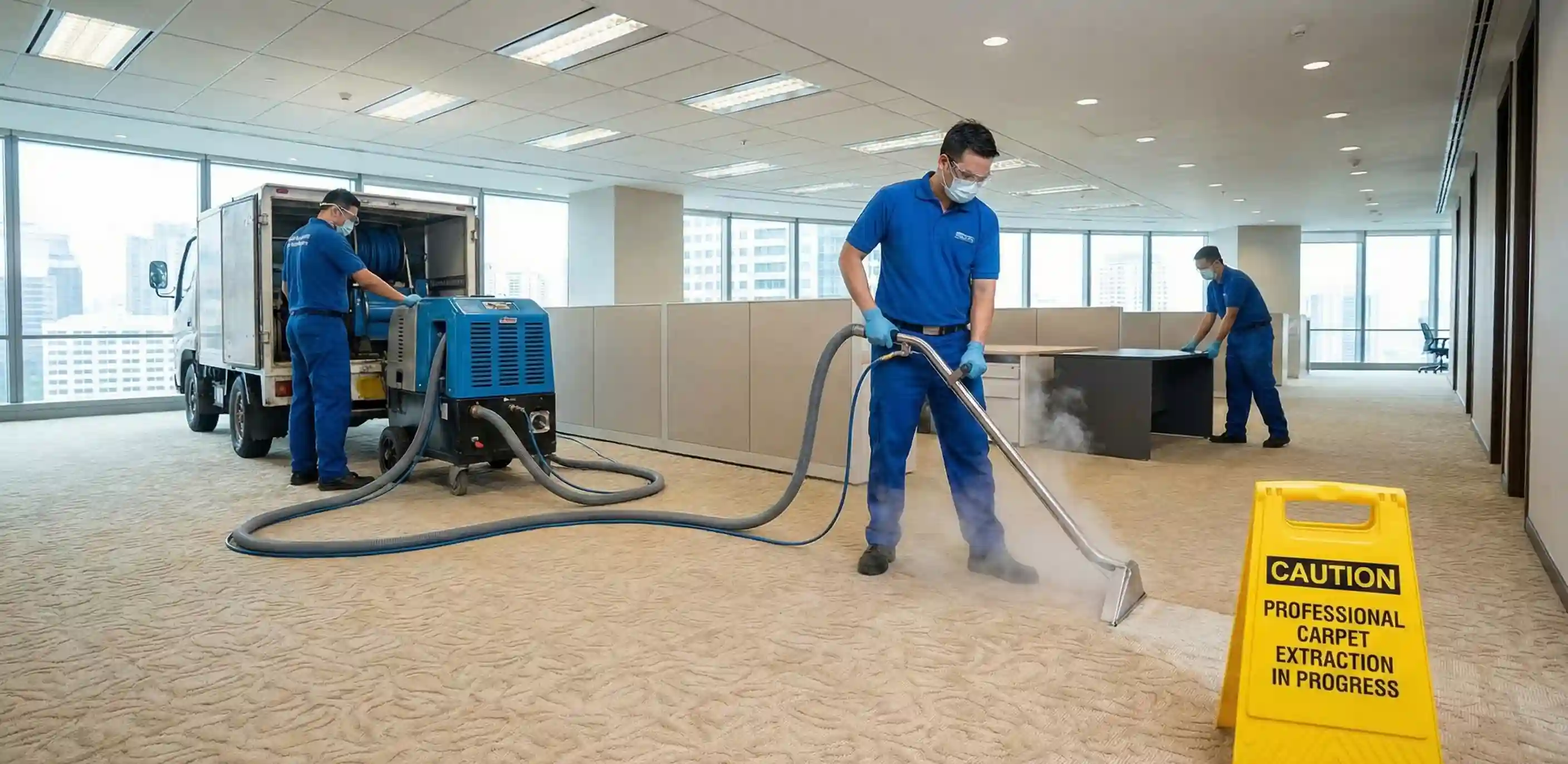 Professional team performing deep carpet extraction cleaning in office