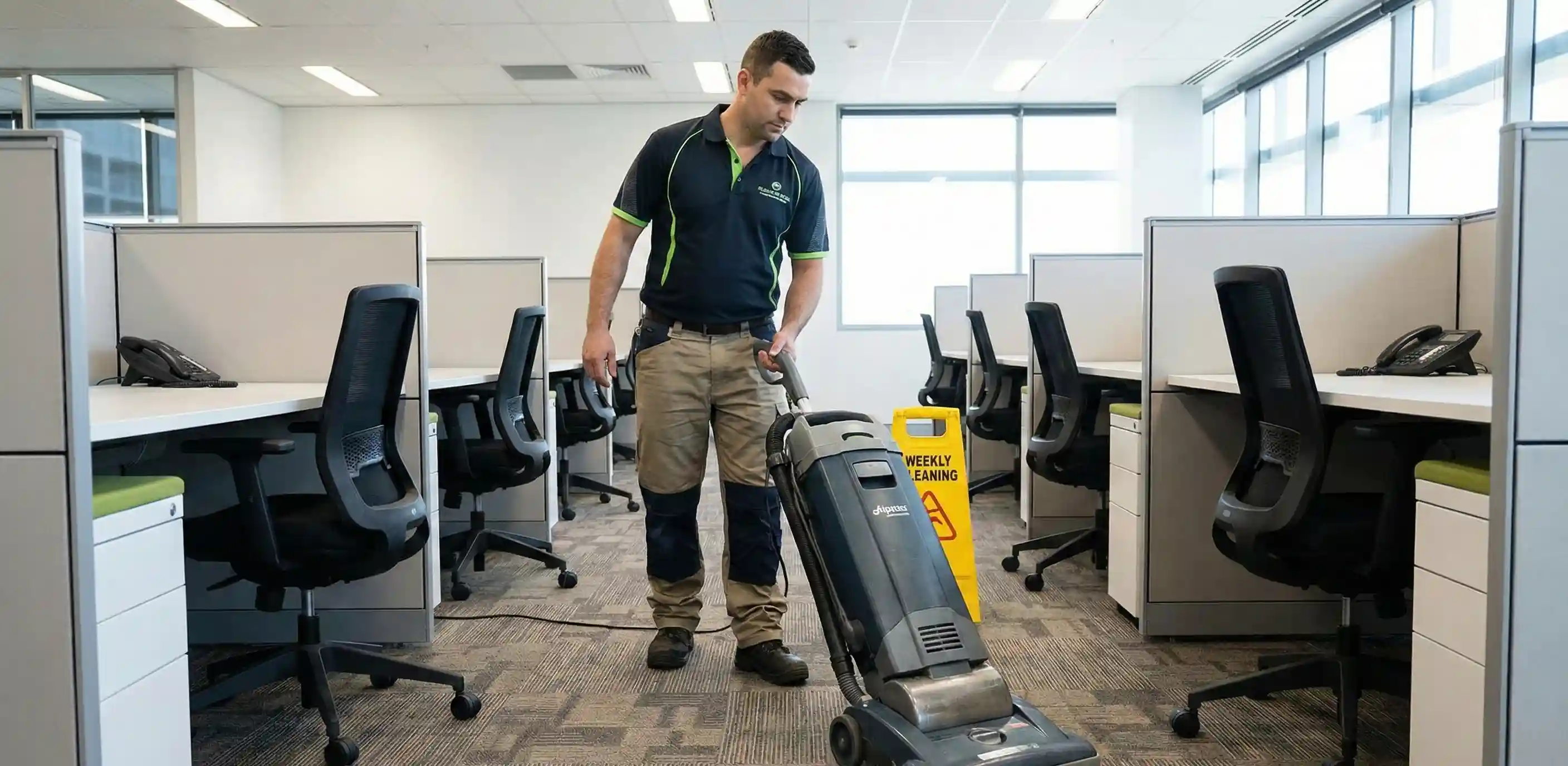 Professional vacuum cleaning office carpet as part of weekly cleaning schedule