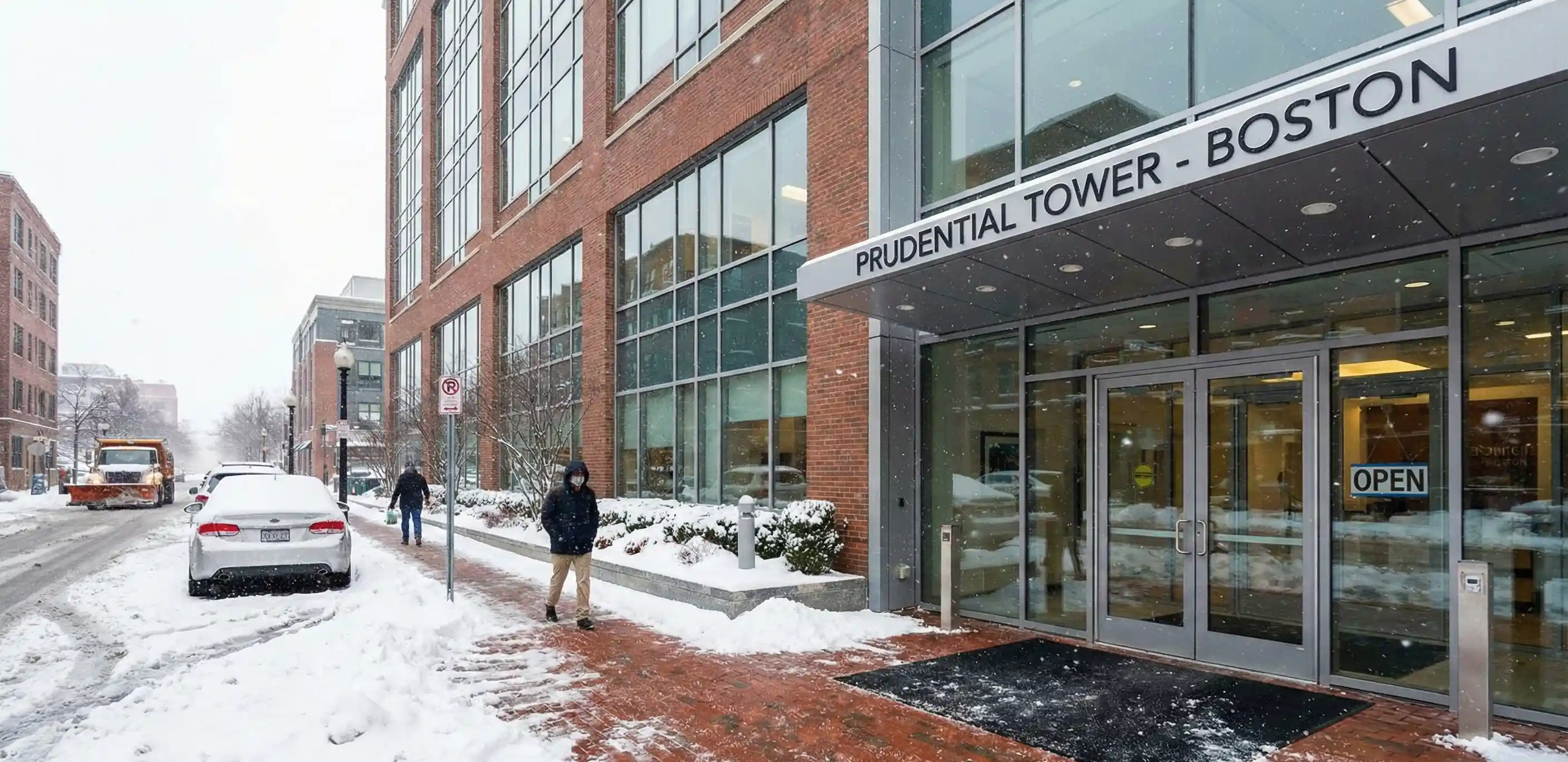 Professional winter office cleaning in Boston with snow visible through windows and clean entryway